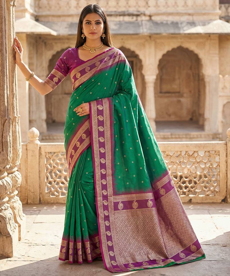 Sea green soft banarasi silk saree with zari weaving  design with contrast blouse