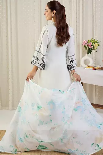 Women Floral Embroidered Regular Thread Work Cotton Kurta with Palazzos & Dupatta
