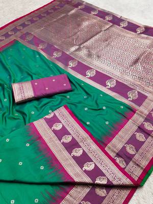 Sea green soft banarasi silk saree with zari weaving  design with contrast blouse 2