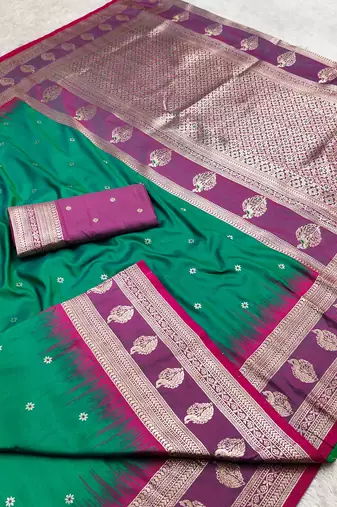 sea green soft silk blend saree with zari weaving design with contrast blouse