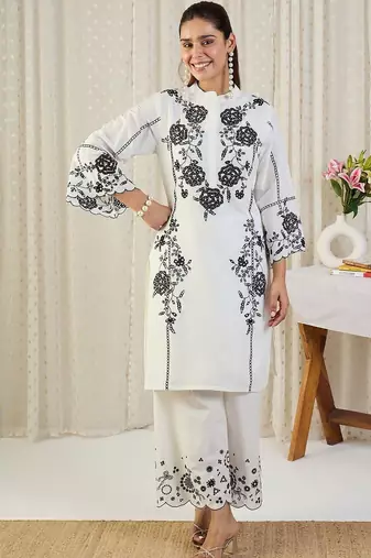 Women Floral Embroidered Regular Thread Work Cotton Kurta with Palazzos & Dupatta