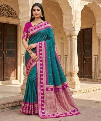Teal  soft banarasi silk saree with zari weaving  design with contrast blouse 1