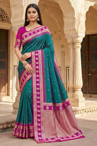 Teal  soft banarasi silk saree with zari weaving  design with contrast blouse