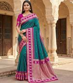 Teal  soft banarasi silk saree with zari weaving  design with contrast blouse