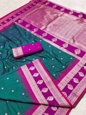 Teal  soft banarasi silk saree with zari weaving  design with contrast blouse 2