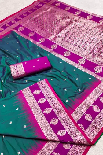 teal soft silk blend saree with zari weaving design with contrast blouse