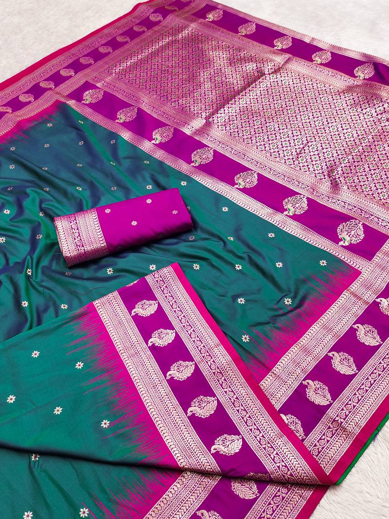 Teal  soft banarasi silk saree with zari weaving  design with contrast blouse