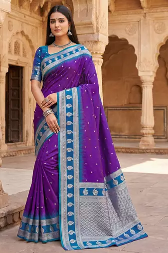 purple soft silk blend saree with zari weaving design with contrast blouse