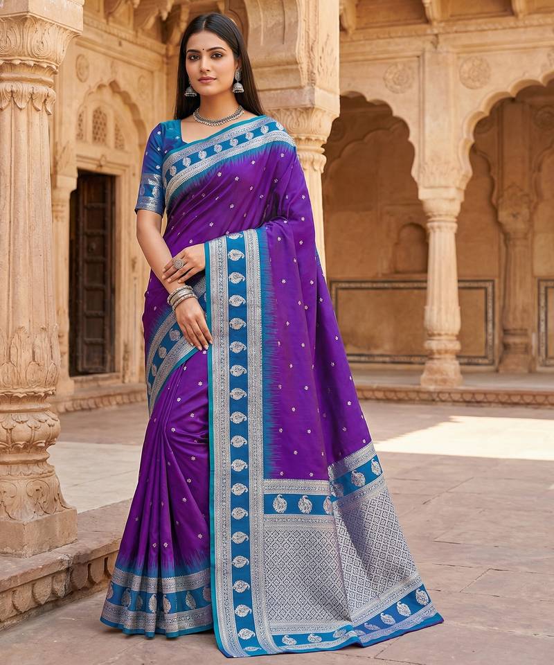 Purple soft banarasi silk saree with zari weaving  design with contrast blouse