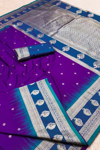 purple soft silk blend saree with zari weaving design with contrast blouse