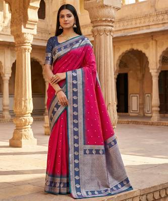 Pink soft banarasi silk saree with zari weaving  design with contrast blouse 1