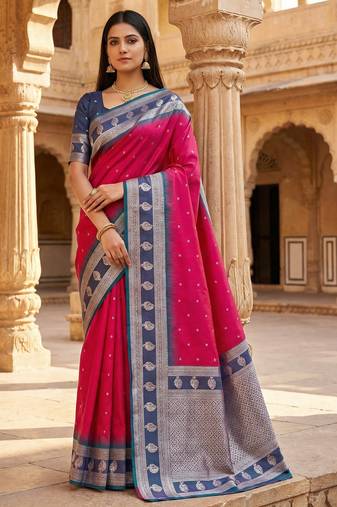 Pink soft banarasi silk saree with zari weaving  design with contrast blouse