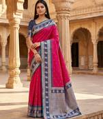 Pink soft banarasi silk saree with zari weaving  design with contrast blouse