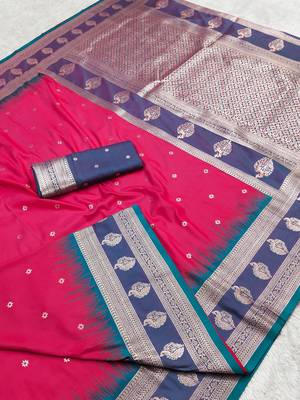 Pink soft banarasi silk saree with zari weaving  design with contrast blouse 2