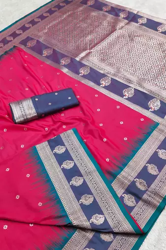 pink soft silk blend saree with zari weaving design with contrast blouse
