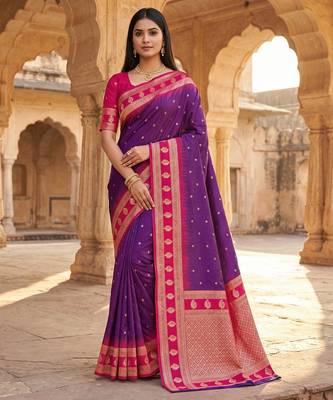 Wine soft banarasi silk saree with zari weaving  design with contrast blouse 1