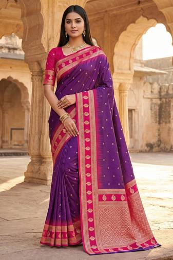 Wine soft banarasi silk saree with zari weaving  design with contrast blouse