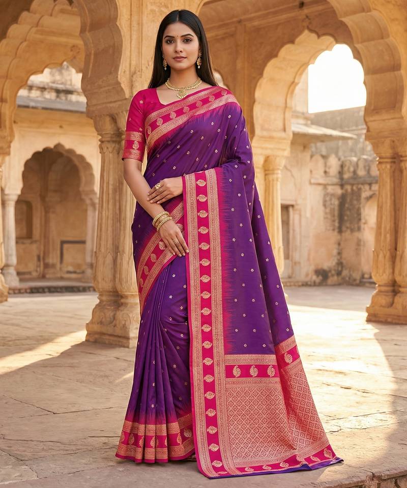 Wine soft banarasi silk saree with zari weaving  design with contrast blouse