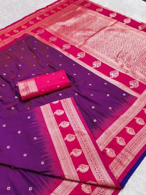 Wine soft banarasi silk saree with zari weaving  design with contrast blouse 2