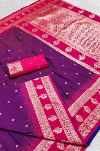 wine soft silk blend saree with zari weaving design with contrast blouse