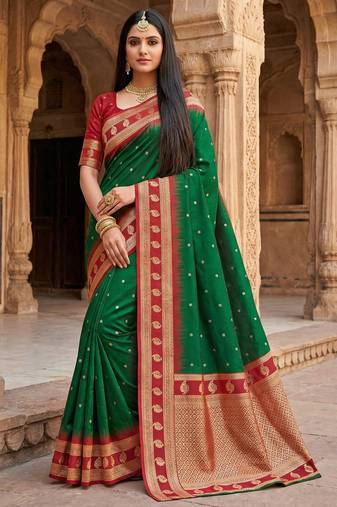 green soft silk blend saree with zari weaving design with contrast blouse