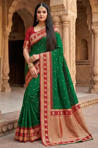 Green soft banarasi silk saree with zari weaving  design with contrast blouse
