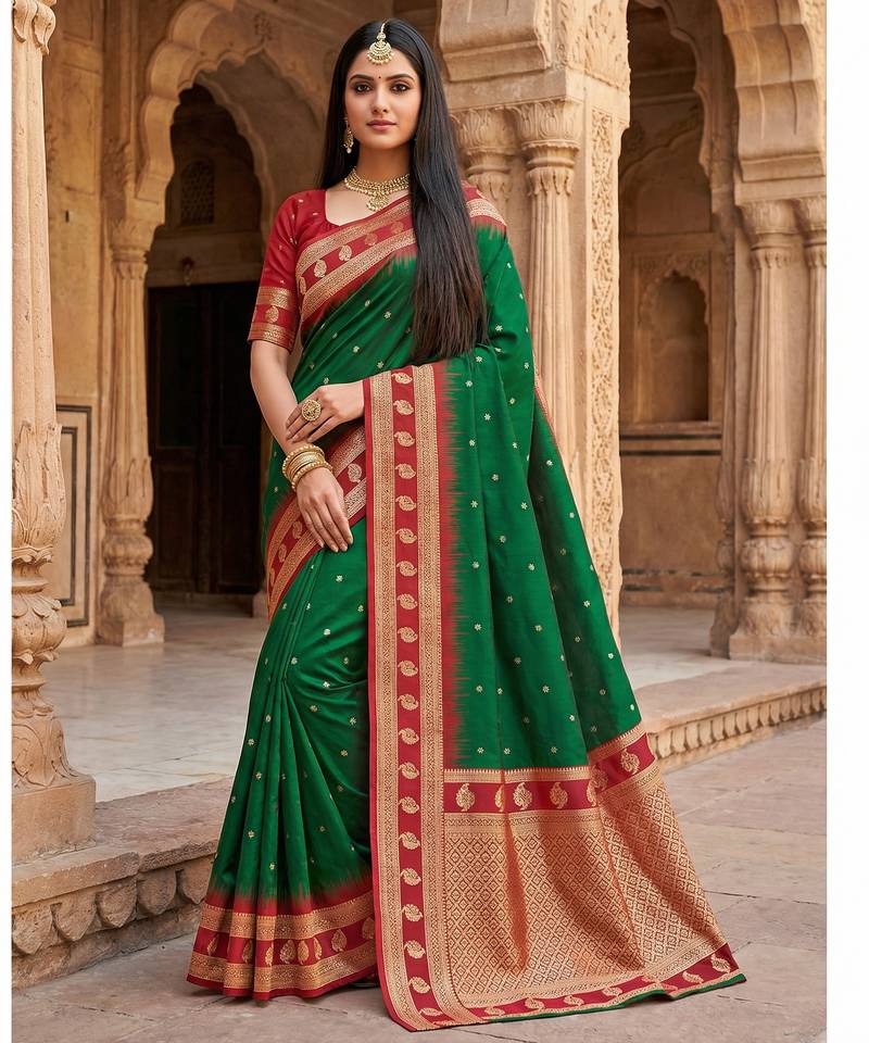 Green soft banarasi silk saree with zari weaving  design with contrast blouse