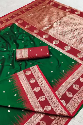 Green soft banarasi silk saree with zari weaving  design with contrast blouse