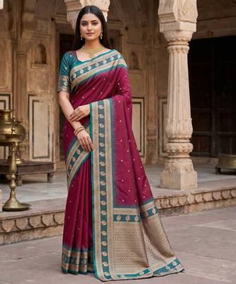 Maroon soft banarasi silk saree with zari weaving  design with contrast blouse 1