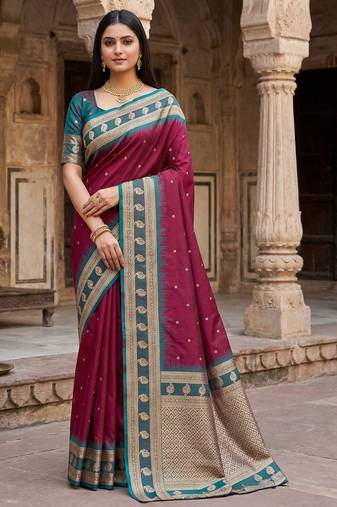 Maroon soft banarasi silk saree with zari weaving  design with contrast blouse