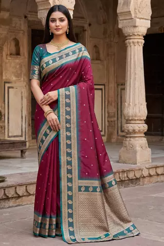 Maroon soft banarasi silk saree with zari weaving  design with contrast blouse