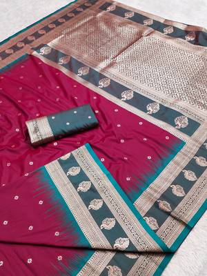 Maroon soft banarasi silk saree with zari weaving  design with contrast blouse 2