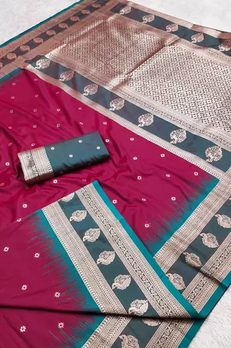 Maroon soft banarasi silk saree with zari weaving  design with contrast blouse