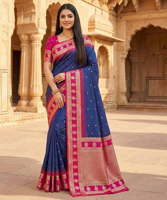 Blue soft banarasi silk saree with zari weaving  design with contrast blouse 1