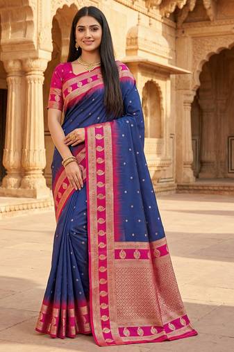 Blue soft banarasi silk saree with zari weaving  design with contrast blouse