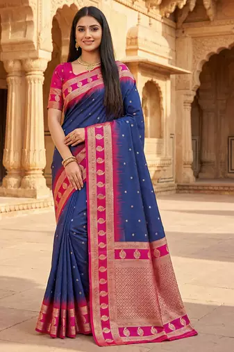 Blue soft banarasi silk saree with zari weaving  design with contrast blouse