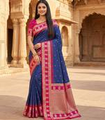 Blue soft banarasi silk saree with zari weaving  design with contrast blouse