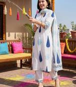 Women Ethnic Motifs Printed Pleated Pure Cotton Kurta with Trousers & With Dupatta