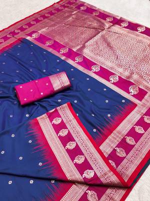 Blue soft banarasi silk saree with zari weaving  design with contrast blouse 2