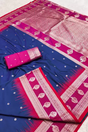 Blue soft banarasi silk saree with zari weaving  design with contrast blouse