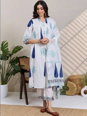 Women Ethnic Motifs Printed Pleated Pure Cotton Kurta with Trousers & With Dupatta 4