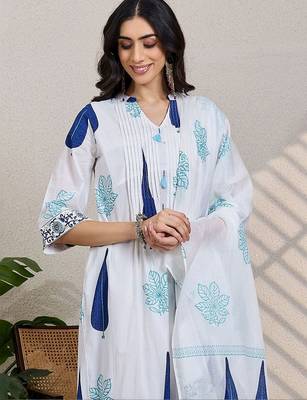 Women Ethnic Motifs Printed Pleated Pure Cotton Kurta with Trousers & With Dupatta 7