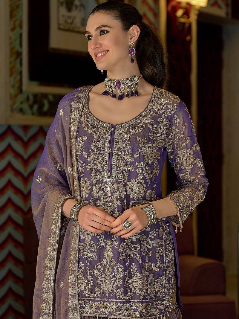 Women Ethnic Motifs Embroidered Regular Thread Work Kurta with Sharara & With Dupatta