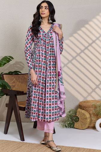 Women Floral Printed Empire Pure Cotton Kurta with Trousers & With Dupatta
