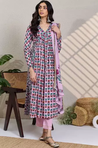 Women Floral Printed Empire Pure Cotton Kurta with Trousers & With Dupatta