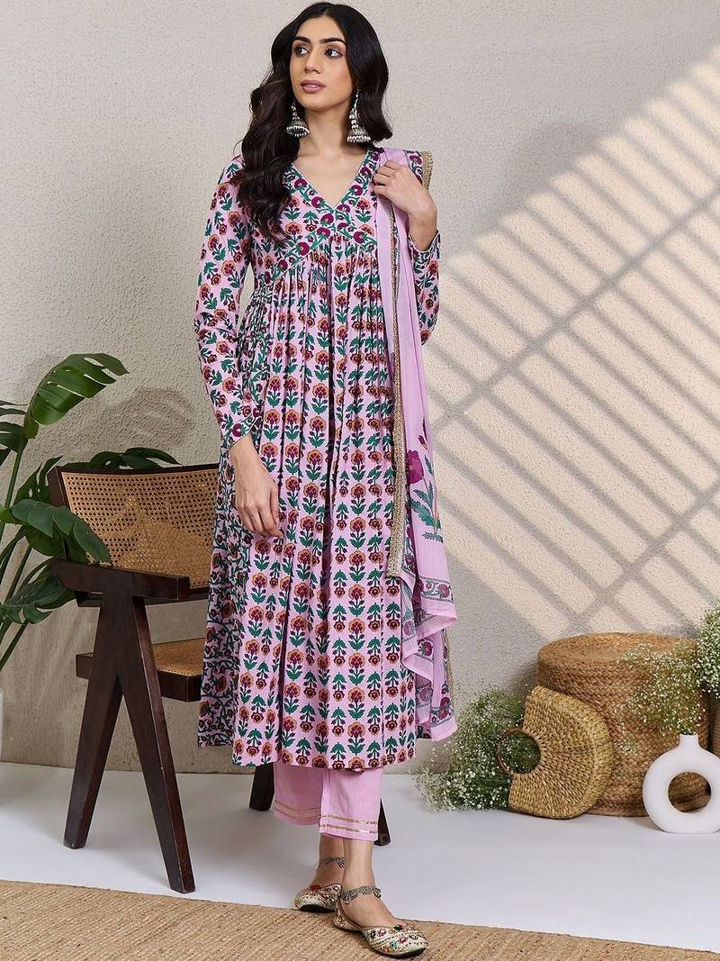 Women Floral Printed Empire Pure Cotton Kurta with Trousers & With Dupatta