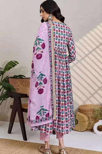 Women Floral Printed Empire Pure Cotton Kurta with Trousers & With Dupatta