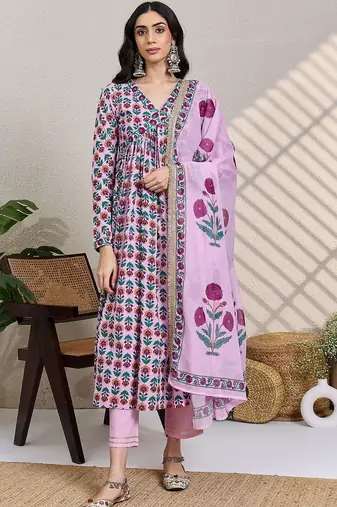 Women Floral Printed Empire Pure Cotton Kurta with Trousers & With Dupatta