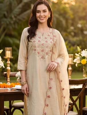 Women Floral Embroidered Regular Thread Work Liva Kurta with Trousers & With Dupatta 3
