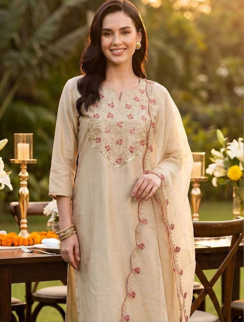 Women Floral Embroidered Regular Thread Work Liva Kurta with Trousers & With Dupatta